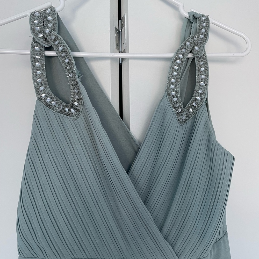 Sage green floor length wedding guest dress